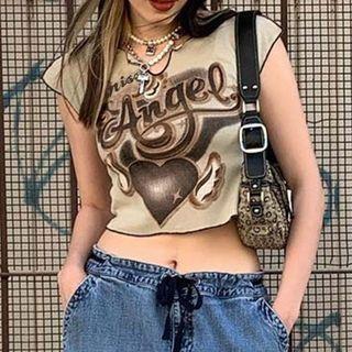Short Sleeve V-neck Lettering Printed Crop Top