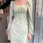 Floral Long-sleeve A-line Dress Green - One Size
