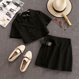 Set: Short-sleeve Double Breasted Blazer + Skirt