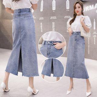 Slit-back Midi A-line Denim Skirt