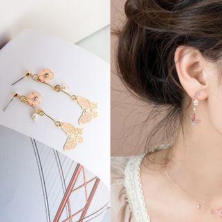 Faux Pearl Butterfly & Flower Dangle Earring As Shown In Figure - One Size