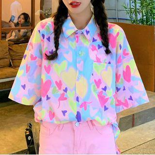 Short-sleeve Button-up Heart Print Shirt