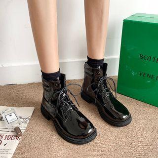 Lace-up Faux Leather Block-heel Ankle Boots