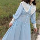 Long-sleeve Lace Collar Chiffon Midi Dress