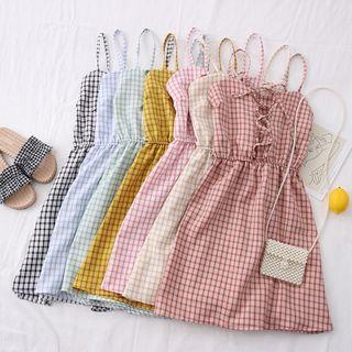 Lace-up Checker Sleeveless Mini Dress