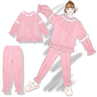 Loungewear Set: Lace Trim Long-sleeve Coral Fleece Top + Pants Set - Pink - One Size