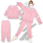 Loungewear Set: Lace Trim Long-sleeve Coral Fleece Top + Pants Set - Pink - One Size