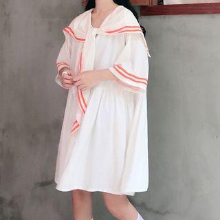 Elbow-sleeve Sailor Collar Tie-neck A-line Dress White - One Size