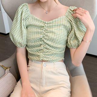 Plaid Puff-sleeve Shirred Cropped Blouse
