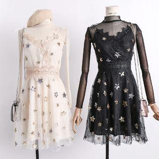 Set: Glitter Mesh Top + Sequined Sleeveless Dress