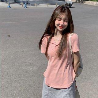 Set: Short-sleeve Polo Shirt + A-line Skirt Polo Shirt - Pink - One Size / Skirt - Light Blue - One Size