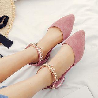Faux Suede Rhinestone Drop Low Heel Pumps