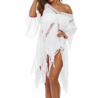 Elbow-sleeve Cut-out Fringed Hem Top