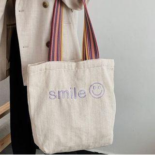 Smiley Face Embroidered Canvas Tote Bag White - One Size