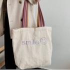 Smiley Face Embroidered Canvas Tote Bag White - One Size