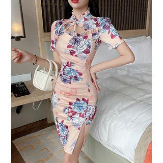 Short-sleeve Floral Print Bodycon Qipao Dress