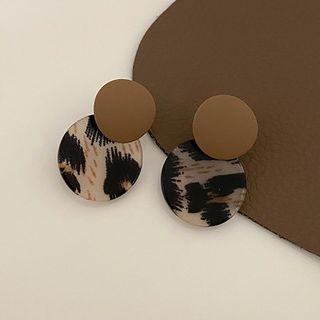 Leopard Print Disc Alloy Dangle Earring 1 Pair - Silver Needle - Khaki & Black - One Size