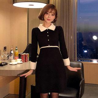 Contrast-collar Buttoned A-line Dress