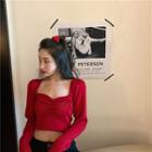 Square-neck Long-sleeve Crop Knit Top Red - One Size