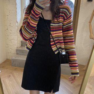 Spaghetti-strap Mini A-line Dress / Striped Cardigan