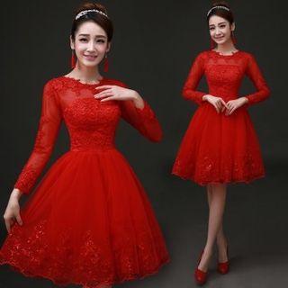 Long-sleeve Lace Panel Cocktail Dress