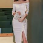 Off-shoulder 3/4-sleeve Ruffled Slit Sheath Dress