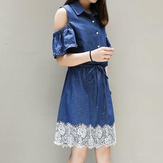 Lace Hem Cold Shoulder Embellished Denim Shirt Dress