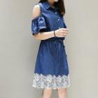 Lace Hem Cold Shoulder Embellished Denim Shirt Dress