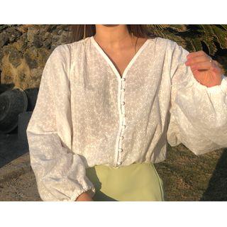 Balloon-sleeve Eyelet-lace Cropped Blouse