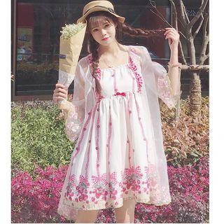 Spaghetti Strap Strawberry Print Dress / 3/4-sleeve Embroidered Long Light Jacket