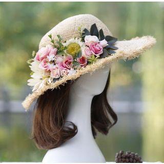Flower Accent Foldable Straw Hat