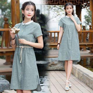 Pinstriped Short-sleeve A-line Shirt Dress