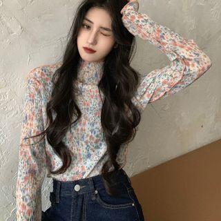 Floral Accordion Pleat Semi High-neck Long-sleeve Top Bluish Tangerine Flower - One Size
