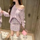 Cable-knit Loose Cardigan / Floral Mini Skirt