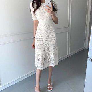 Short-sleeve Pointelle Knit Midi Mermaid Dress With Slipdress