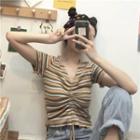 Short-sleeve Striped Drawstring Cropped Knit Top