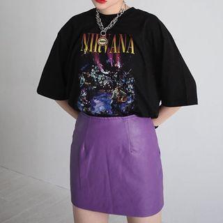 Printed Elbow-sleeve T-shirt / Faux Leather Mini Pencil Skirt
