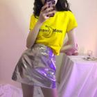 Short-sleeve Embroidered T-shirt/ Patent A-line Skirt
