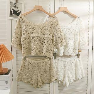 Set: Boatneck Open-knit Loose T-shirt + High-waist Shorts