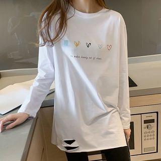 Heart Print Distressed Long-sleeve T-shirt
