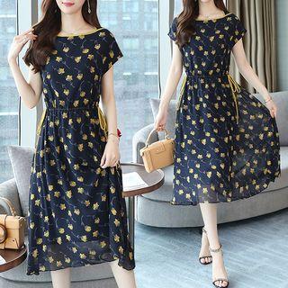 Contrast Trim Drawstring Waist Print Midi Dress