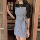 Spaghetti Strap Side Knot Plaid Mini A-line Dress