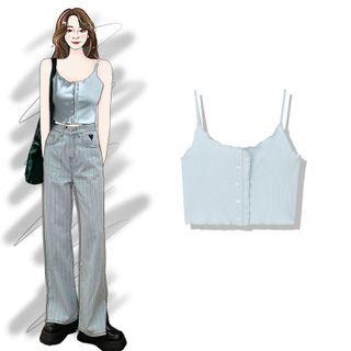 Plain Ruffle Button-cut Cropped Tank Top