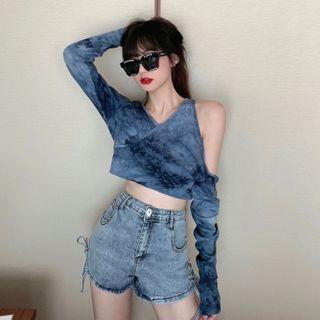 Dye Print Cold-shoulder Long-sleeve T-shirt / Lace Up Denim Hot Pants