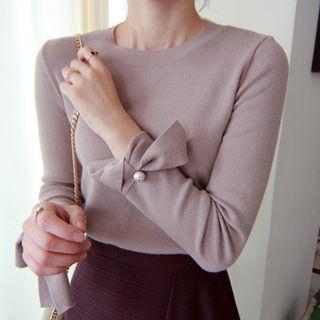 Round-neck Fuax-pearl Trim Knit Top