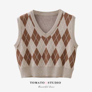 V-neck Plaid Two Tone Cropped Vest