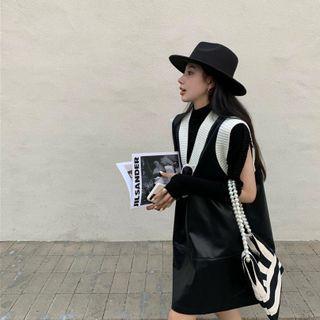 Cut-out Mock-neck Top / Vest / Asymmetrical Midi A-line Skirt