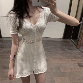 Short-sleeve V-neck A-line Knit Dress White - One Size