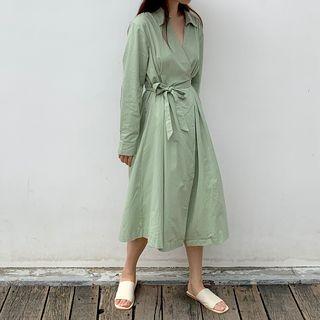 Tie-waist Long-sleeve Midi Collared Dress