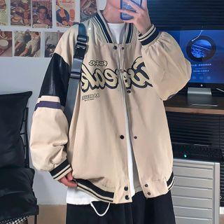 Lettering Print Color Block Oversized Jacket